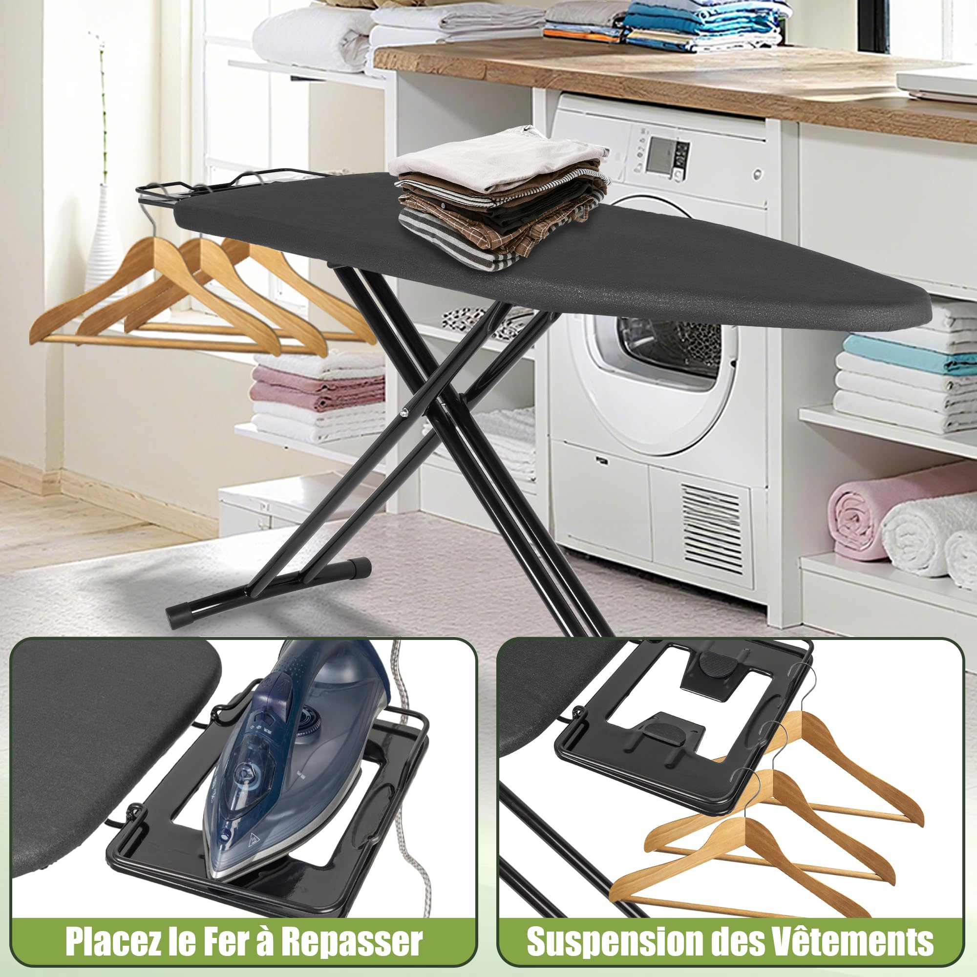 Table à Repasser Pliable avec Fer à Repasser 120x38CM | Planche à Repasser et Pieds Antidérapants et Housse Résistante à Chaleur, Stable et Léger, Réglable en Hauteur 72-92CM, Noir
