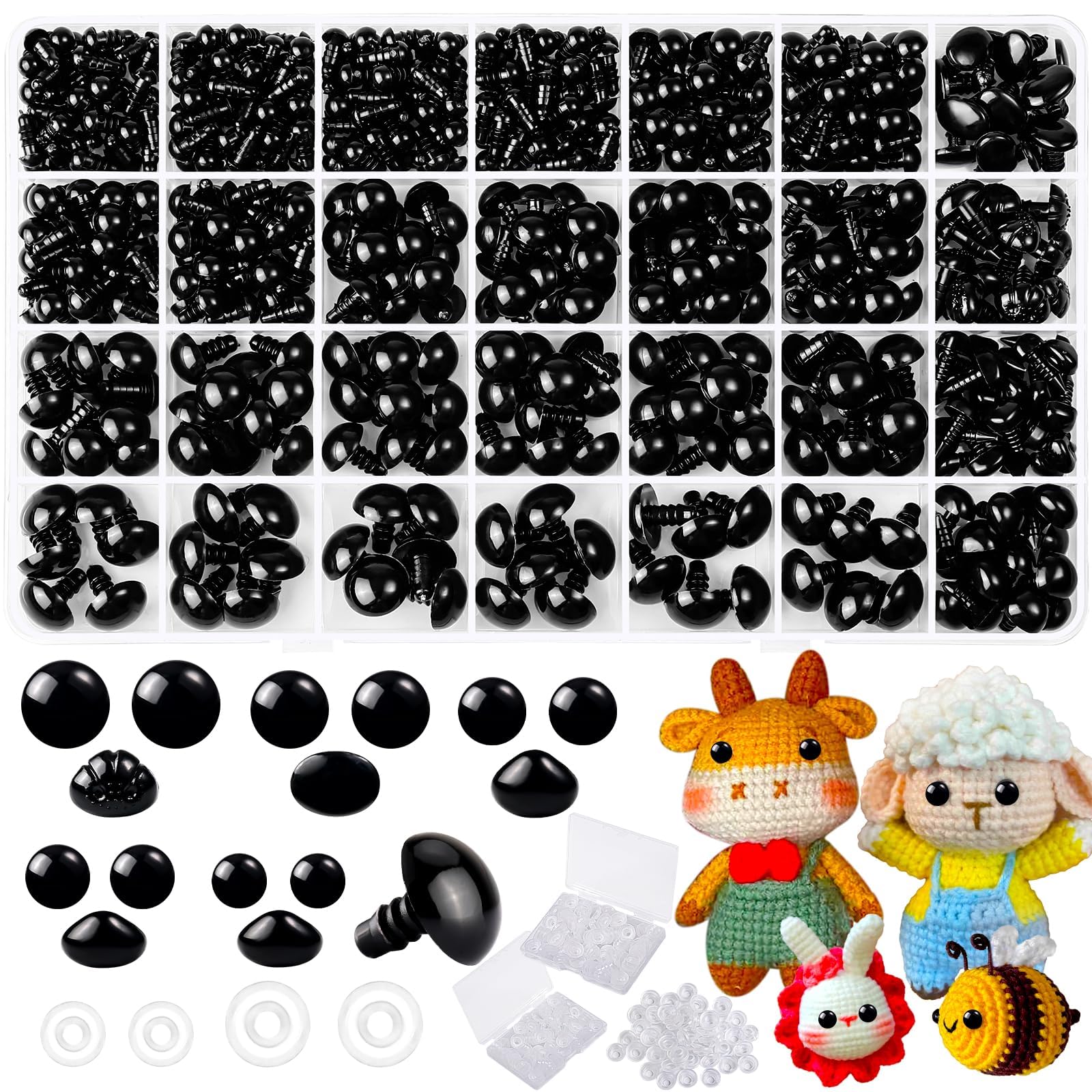 WIURGOHA 1000 Pcs 6-14mm Black Plastic Safety Eyes with Washers for Crochet Craft Doll Eyes, DIY Accessories, Amigurumi