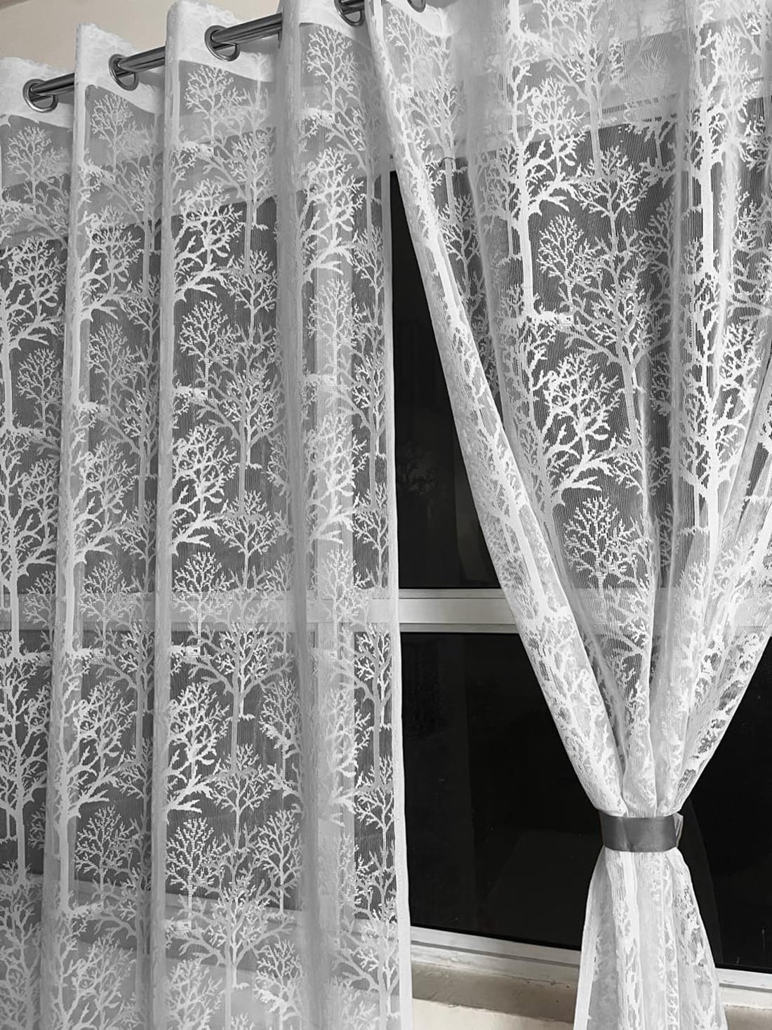 Fabrilia Sheer Net Semi Transparent Grommet Decorative Curtains for Long Door 9 Feet Set of 2, White