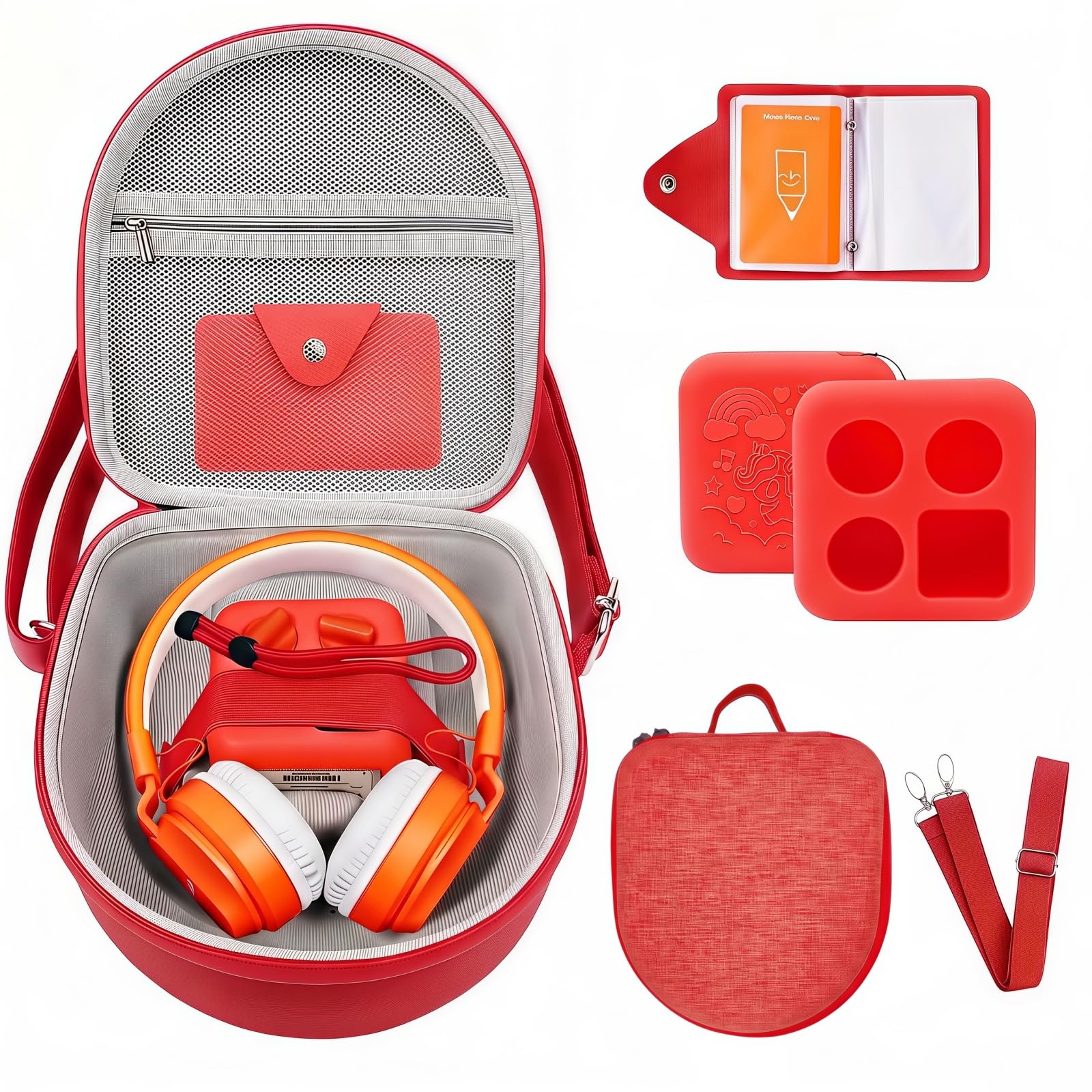 Hard Case Compatible with Yoto Mini (2024 Edition), 3-in-1 Travel Bundle: Silicone Cover + Case with Shoulder Strap (Fits Mini Player &amp; Headphones) + Up to 10 Card Holder for YOTO Cards (Red)