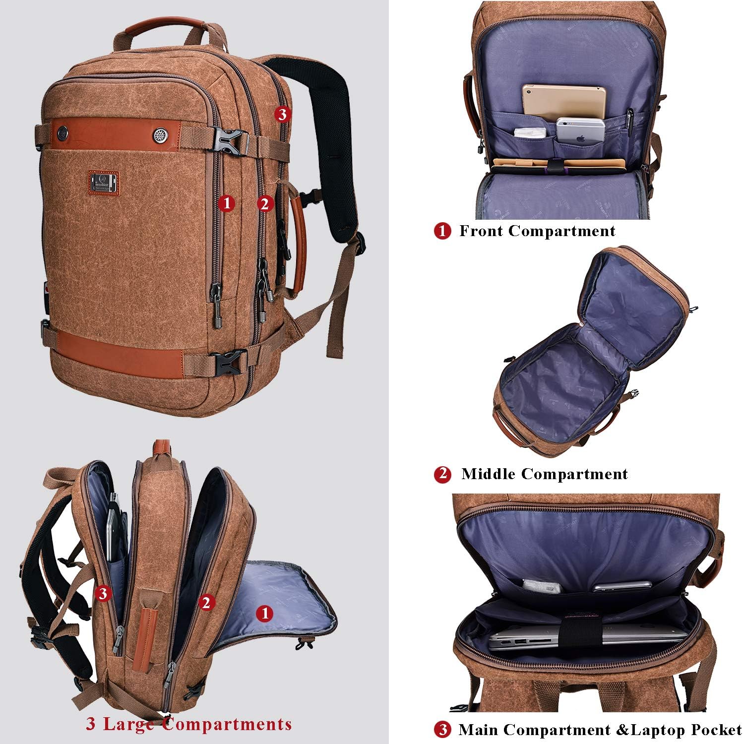 Best Promo WITZMAN Travel Backpack for Men Carry On Canvas Backpack Duffel Bag Durable Rucksack (A560 Brown)