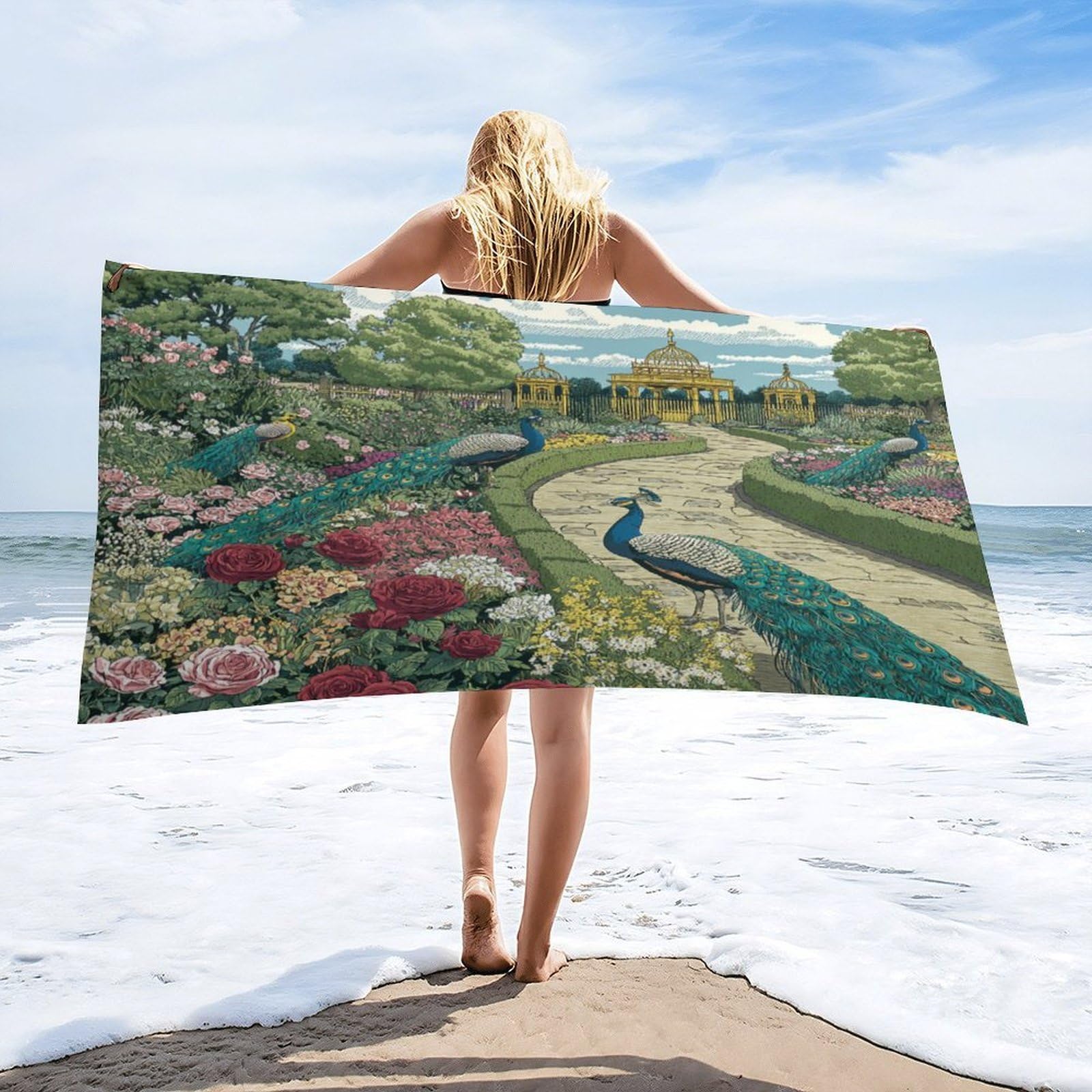 Luyysky Rustic Aesthetic Elegant Peacock Absorbent Beach Towel, Mid Century Spring Garden Animal Peacock Plant Flowers Outdoor Single-Sided Velvet Beach Towel-80 W Cm X 160" L Cm