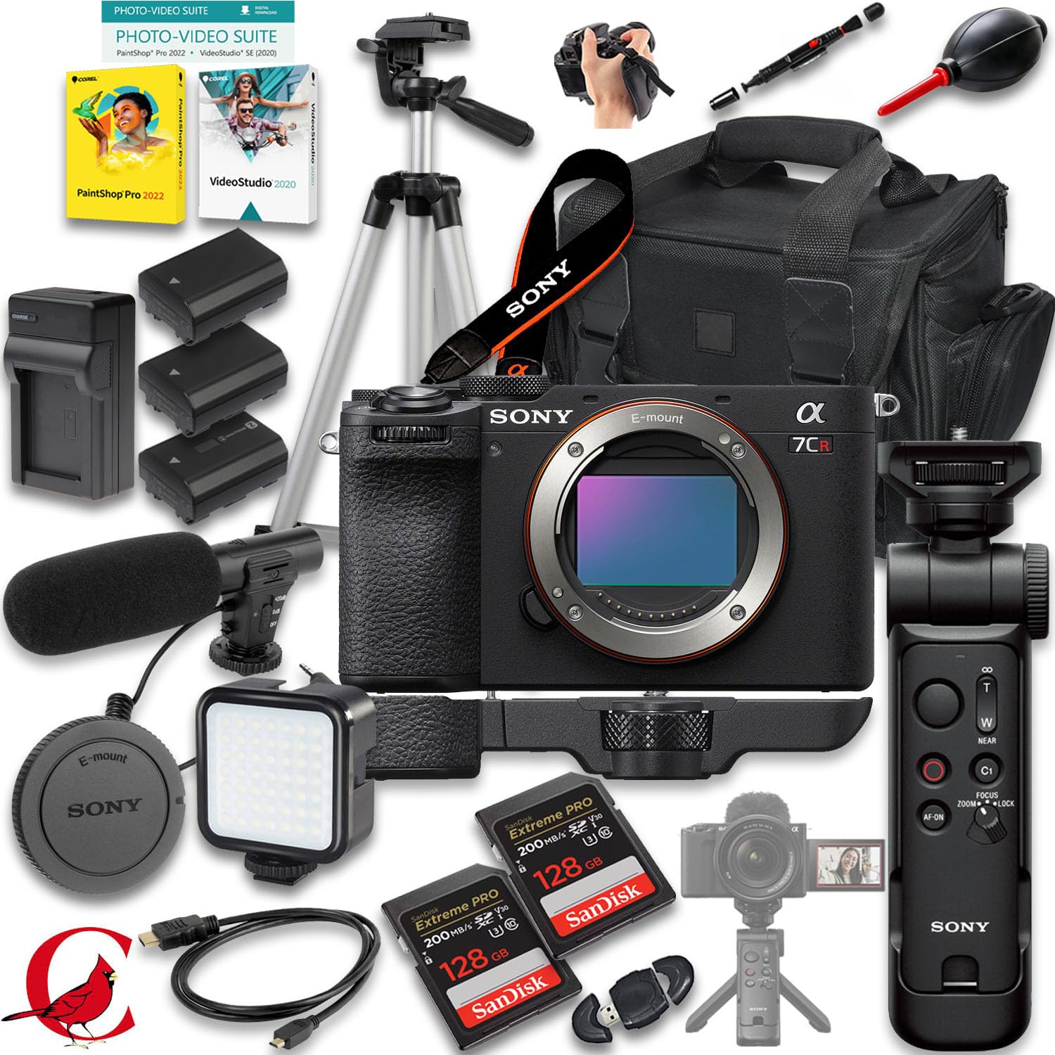 Sony Alpha a7CR Mirrorless Camera + Sony GP-VPT3 Wireless Shooting Grip + 256 GB Memory Card+ 2pc Extra Battery + More (24pc Bundle)
