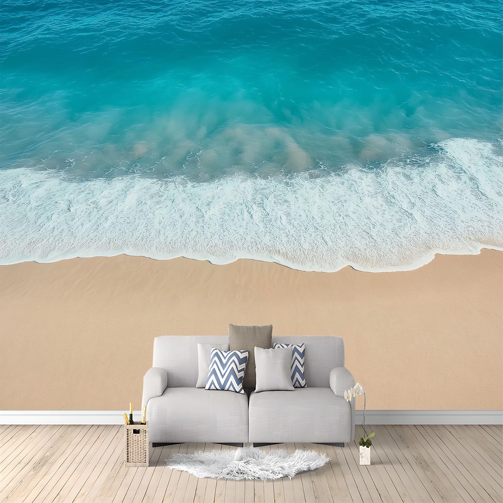 Naturalna plaża woda morze prosta tapeta panoramiczna 3D 400 x 280 cm, fototapeta z włókniny | Dekoracja Fototapeta Sypialnia Niebieska zielona dla dzieci,