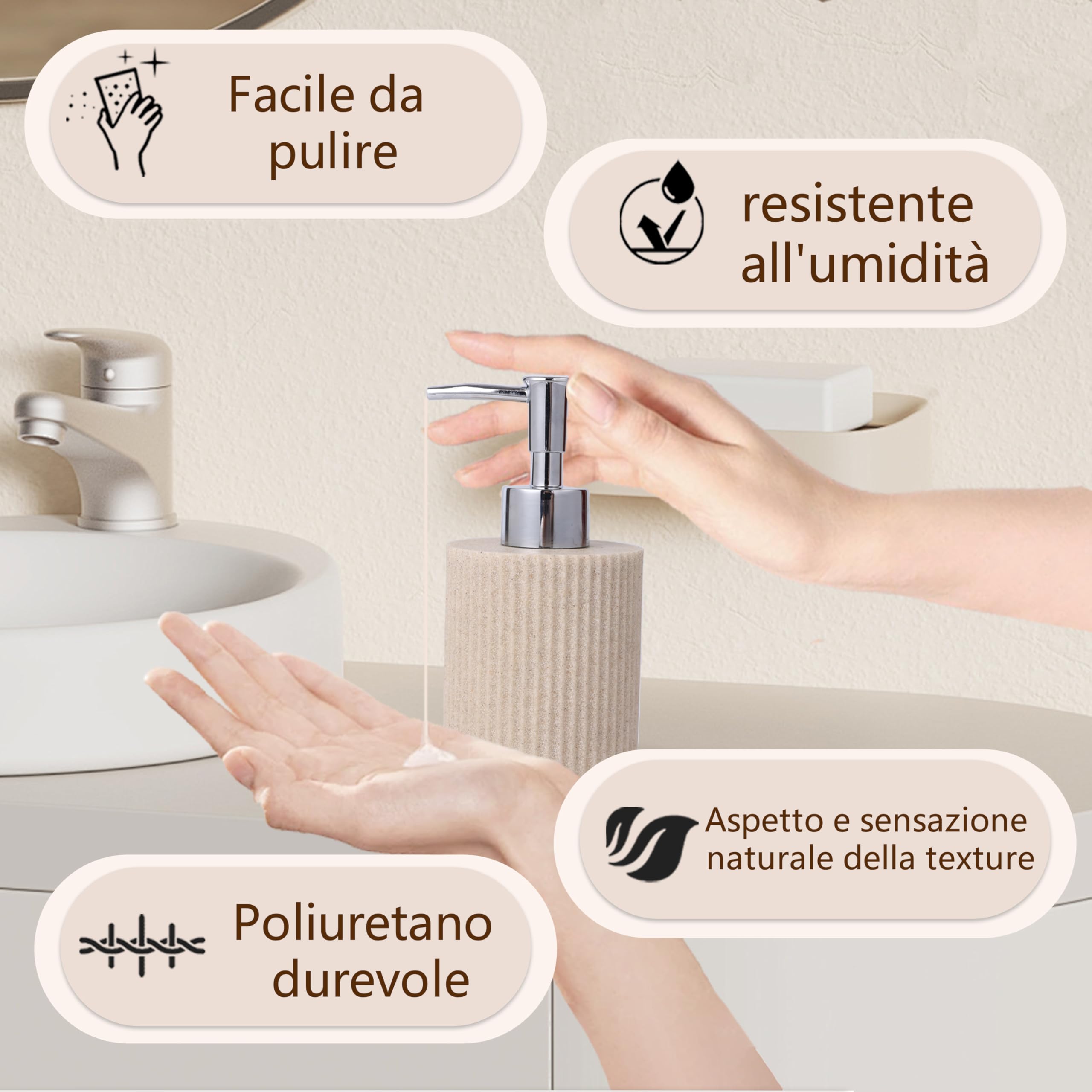 Set Bagno 6 Pezzi – Dispensatore Sapone + Set Bicchiere Dentifricio con Vassoio & Porta Cotton Fioc – Design Righe (Beige), Resina Premium – Include Portaspazzolini & Organizzatore