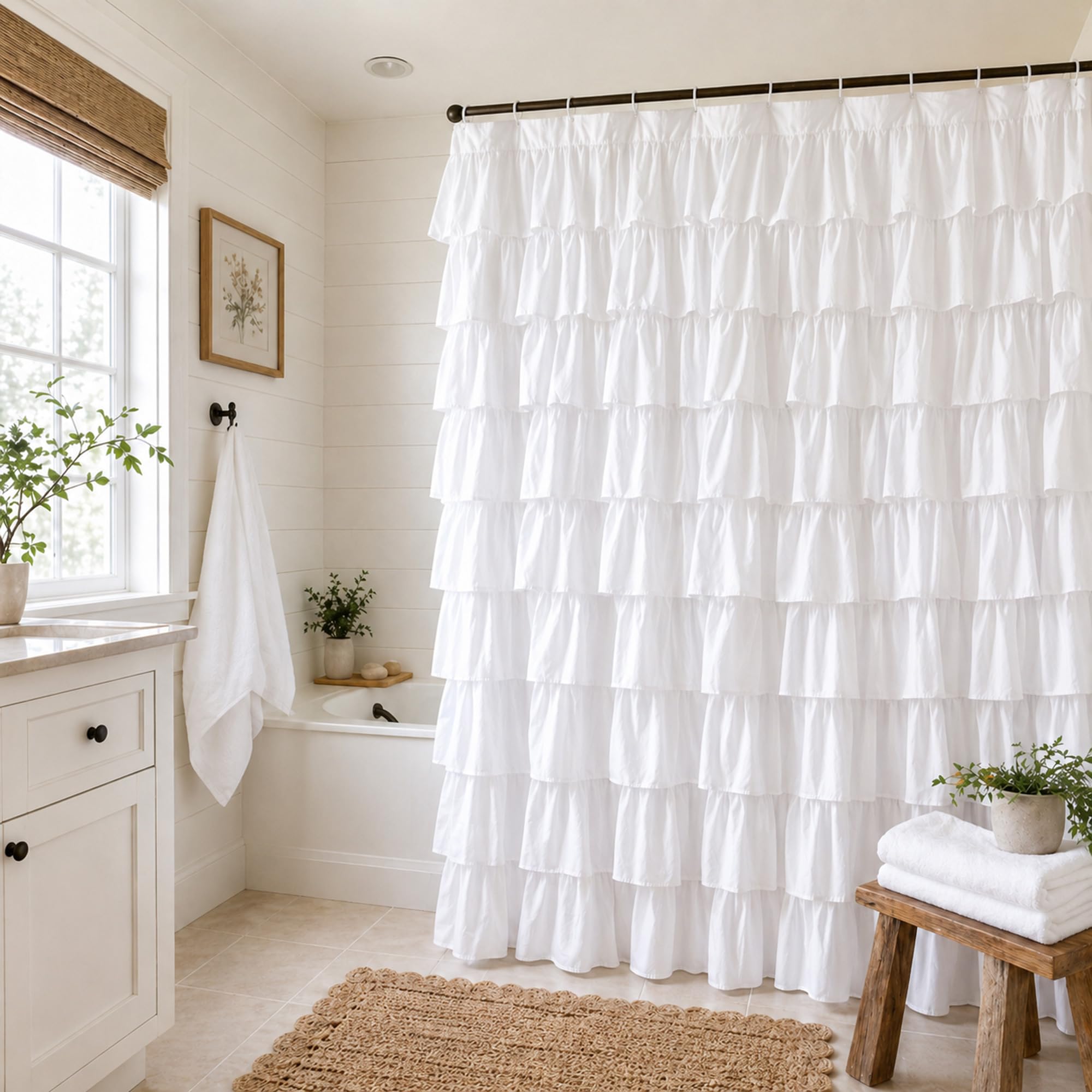 WestWeir White Ruffle Shower Curtain - Farmhouse Cloth Bathroom 72 x 72 Inches Texture Fashion