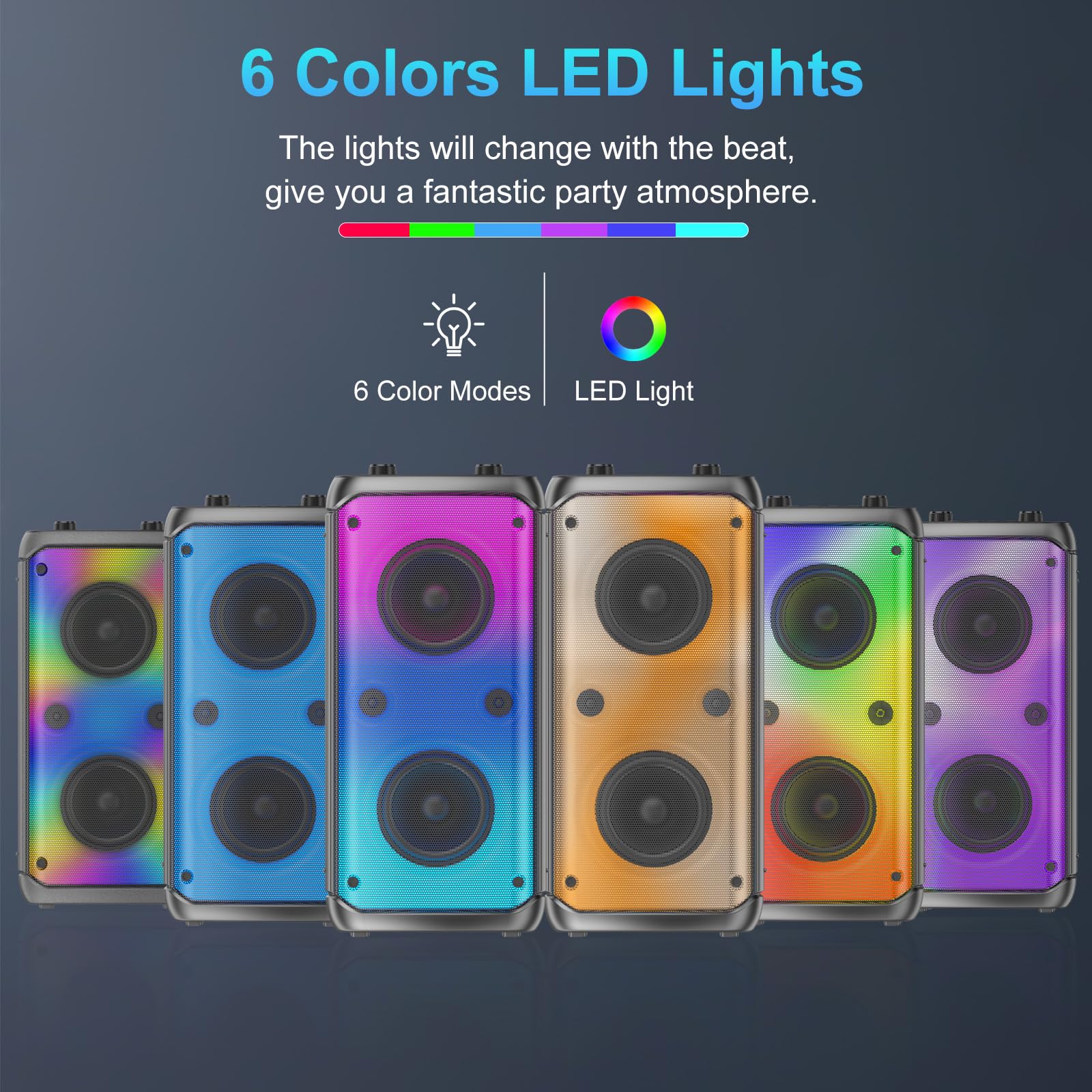 Altoparlante Bluetooth, 80 W, wireless, TWS, portatile, per feste all'aperto, con subwoofer, bassi profondi, luci colorate a LED, suono stereo forte per casa, campeggio