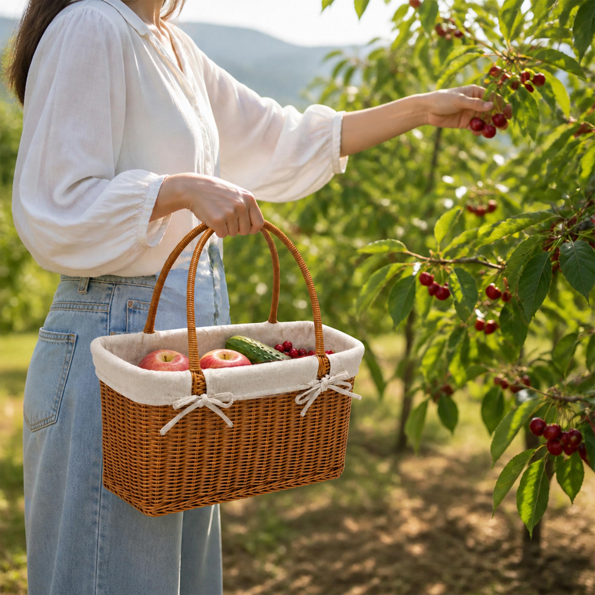 Cesto per la raccolta da giardino, cestino da picnic con manico, perfetto per il giardinaggio, per frutta e verdura, picnic e shopping