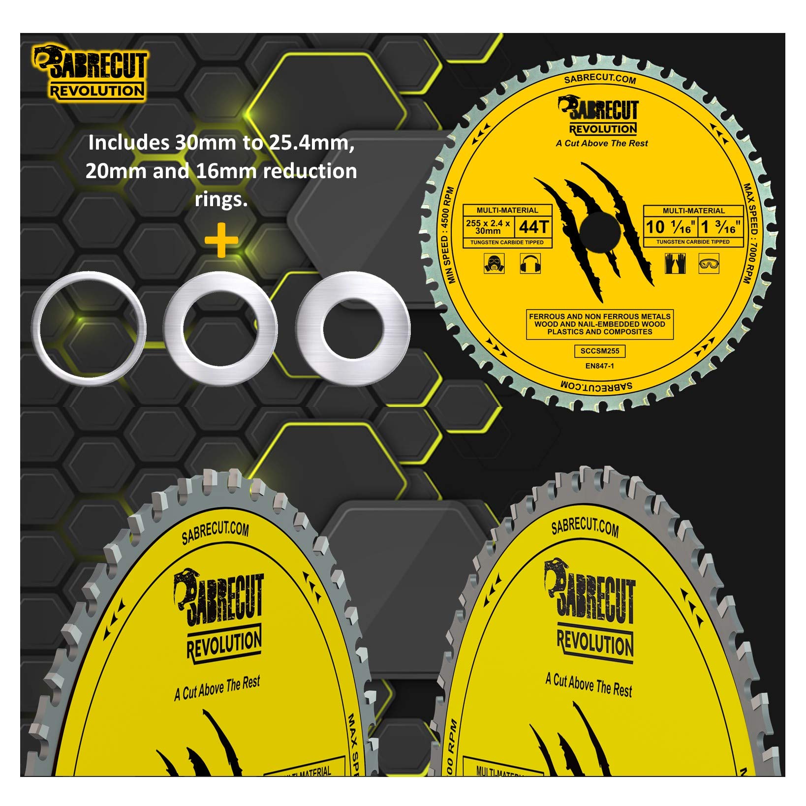 1 x SabreCut SCCSM255_44 255 mm 44 denti x 30 mm 25,4 mm 20 mm 16 mm foro multi-materiale metallo legno plastica lama per sega circolare compatibile con Bosch Dewalt Makita Milwaukee e molti altri