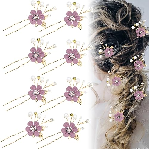 Paquete de 8 horquillas para el cabello de boda con flores para novia, tocados de novia con hojas doradas, perlas, accesorios para el cabello para