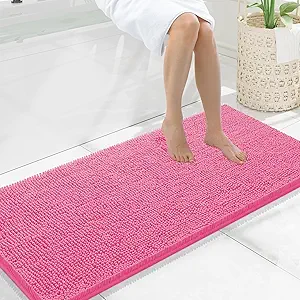 Smiry Luxury Chenille Bathroom Rugs 47x20, Extra Soft and Absorbent Shaggy Bath Mat, Machine Washable, Non-Slip Plush Carpet Runner for Tub, Shower, and Floor, Home Decor Accessories, Hot Pink
