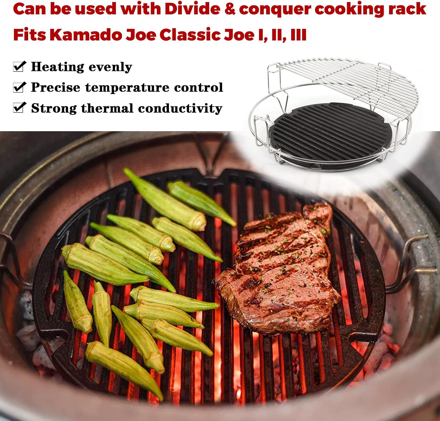 Vankey Cast Iron Grill Grate for Kamado Joe JR,Round Cooking Grids Grates,Cast Iron Sear Plate Replacement for Kamado Joe Classic Joe I, II, III,& JR Series