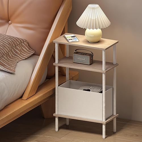 Miniatura 6 de Mesa auxiliar estrecha con cesta de tela, mesa auxiliar para espacios pequeños, mesita de noche delgada con estante de almacenamiento de 3 niveles,