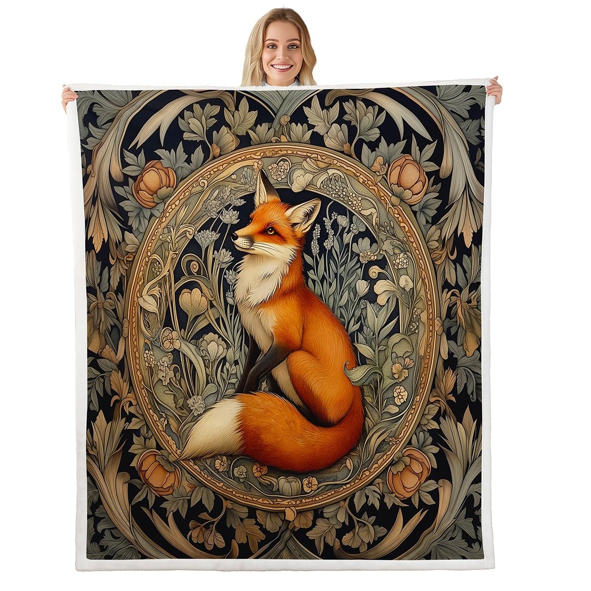 Homewish Rustikal Decke 150x200cm Fuchs Fleecedecke für Kinder Jugendliche,Teens Männer Frauen Wald Bauernhaus Tiere Muster Kuscheldecke Ring Schwarz Grün Braun Bett Sofa Couch Dekorative Decken