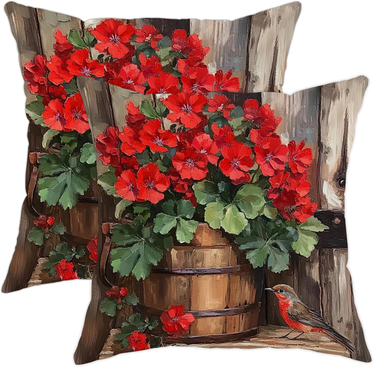 Spring Floral Throw Pillow Covers Set of 2, Red Geraniums Decorative Pillow Cases, Vibrant Outdoor Farmhouse Decor for Couch Sofa Bed 24x24 Inch