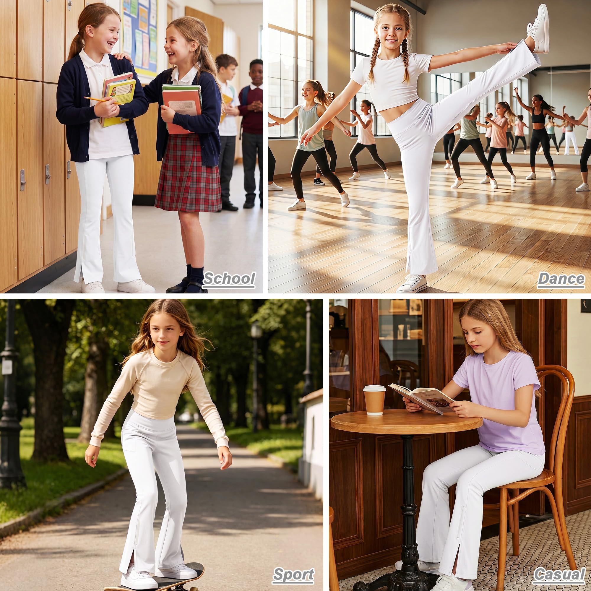 Mädchen Flared Leggings mit Taschen UPF 50 Sonnenschutz Schlagleggings mit Reflektierende Streifen Hohe Taille Atmungsaktiv Sporthose Gymnastikhose für Tanz,Laufen,Schule 7-15 Jahre