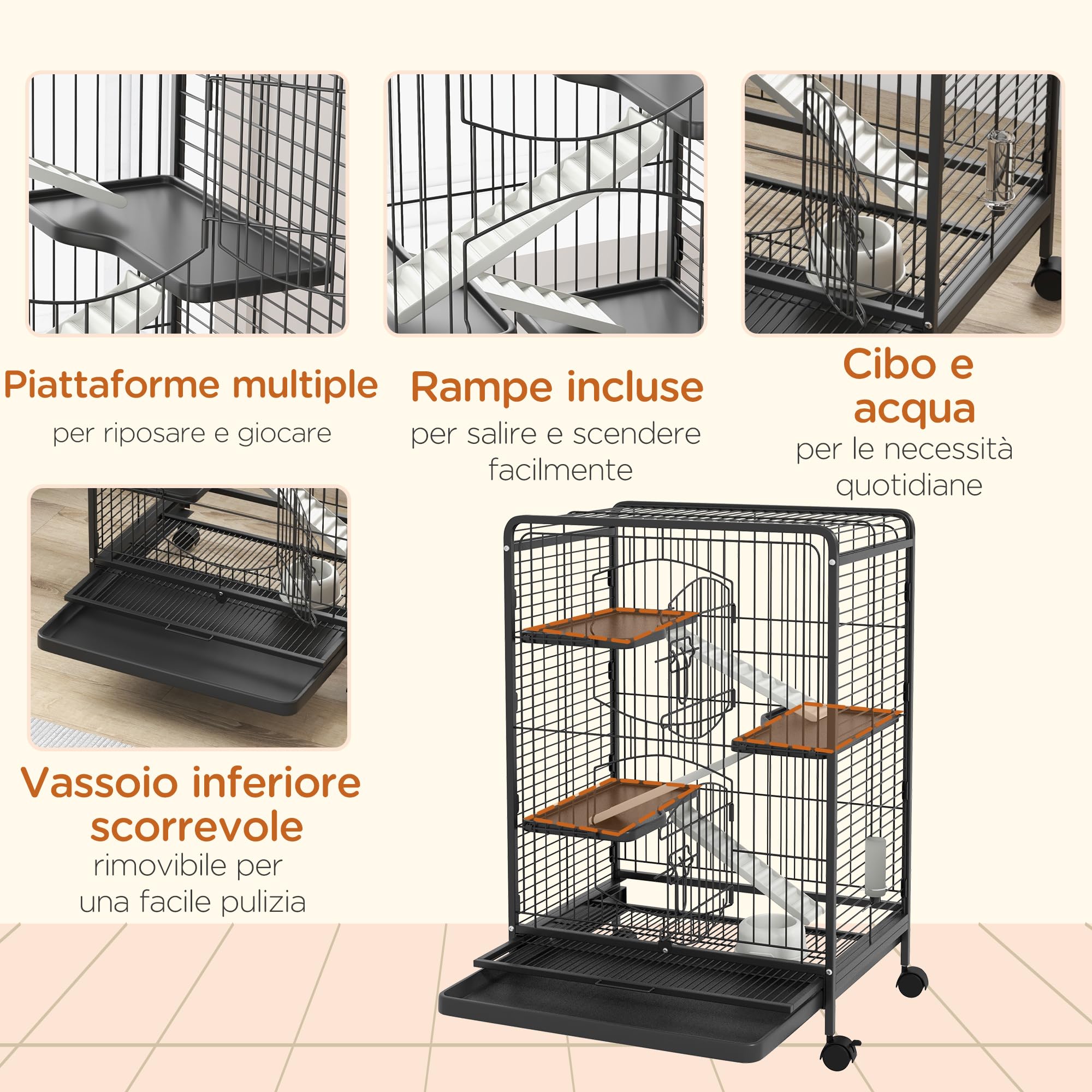 PawHut Gabbia per Piccoli Animali e Piccoli Roditori con Ruote, Gabbietta per Conigli e Cincillà con 3 Rampe e 3 Piattaforme, Ciotola e Bottiglia, 61.5x44x95 cm, Nero