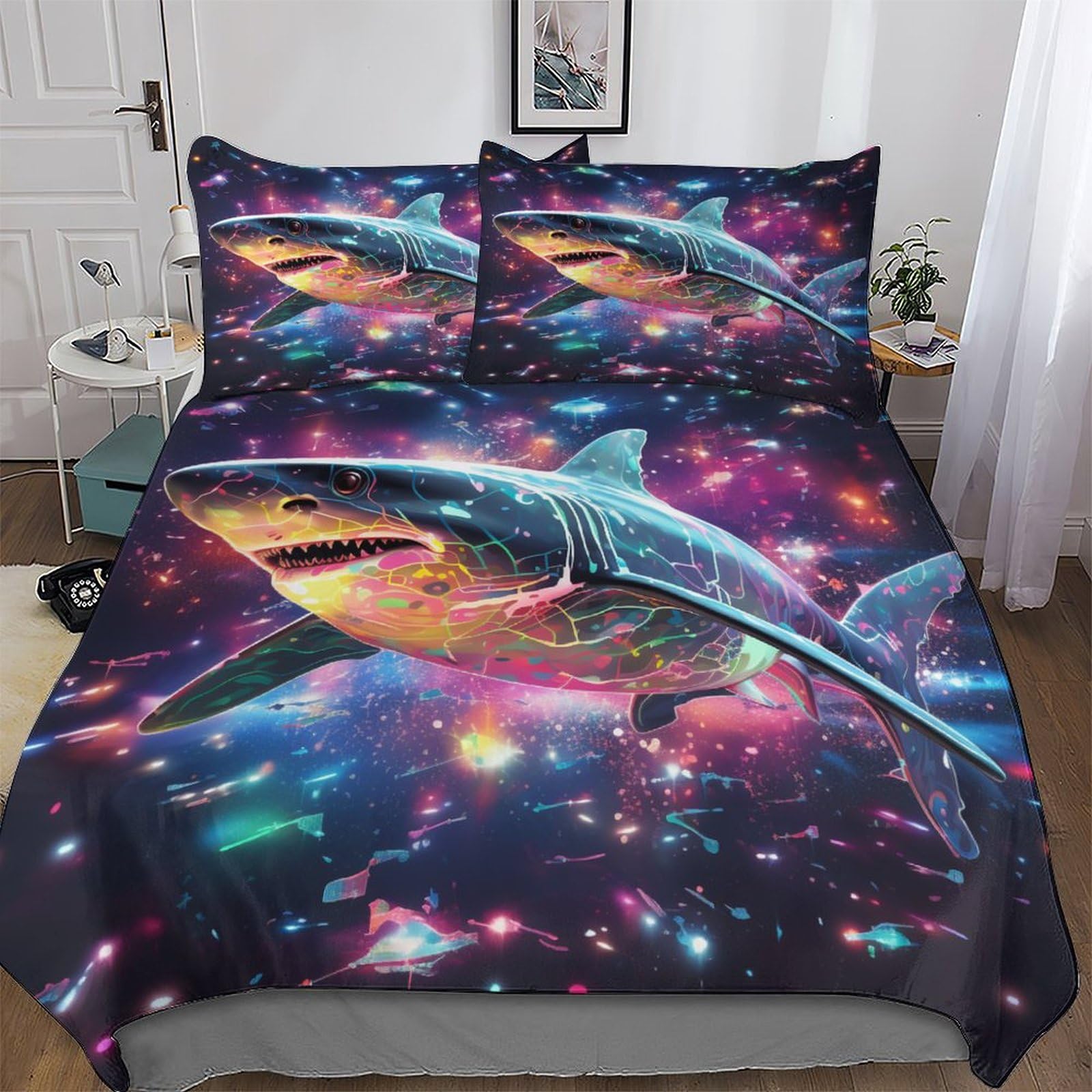 Shark Bedding Set 3D Print Duvet Cover for Teens Boys And Girls Soft Microfiber with Zipper Closure Comforter Cover 3-Piece Quilt Cover Decorated King (220x240cm)