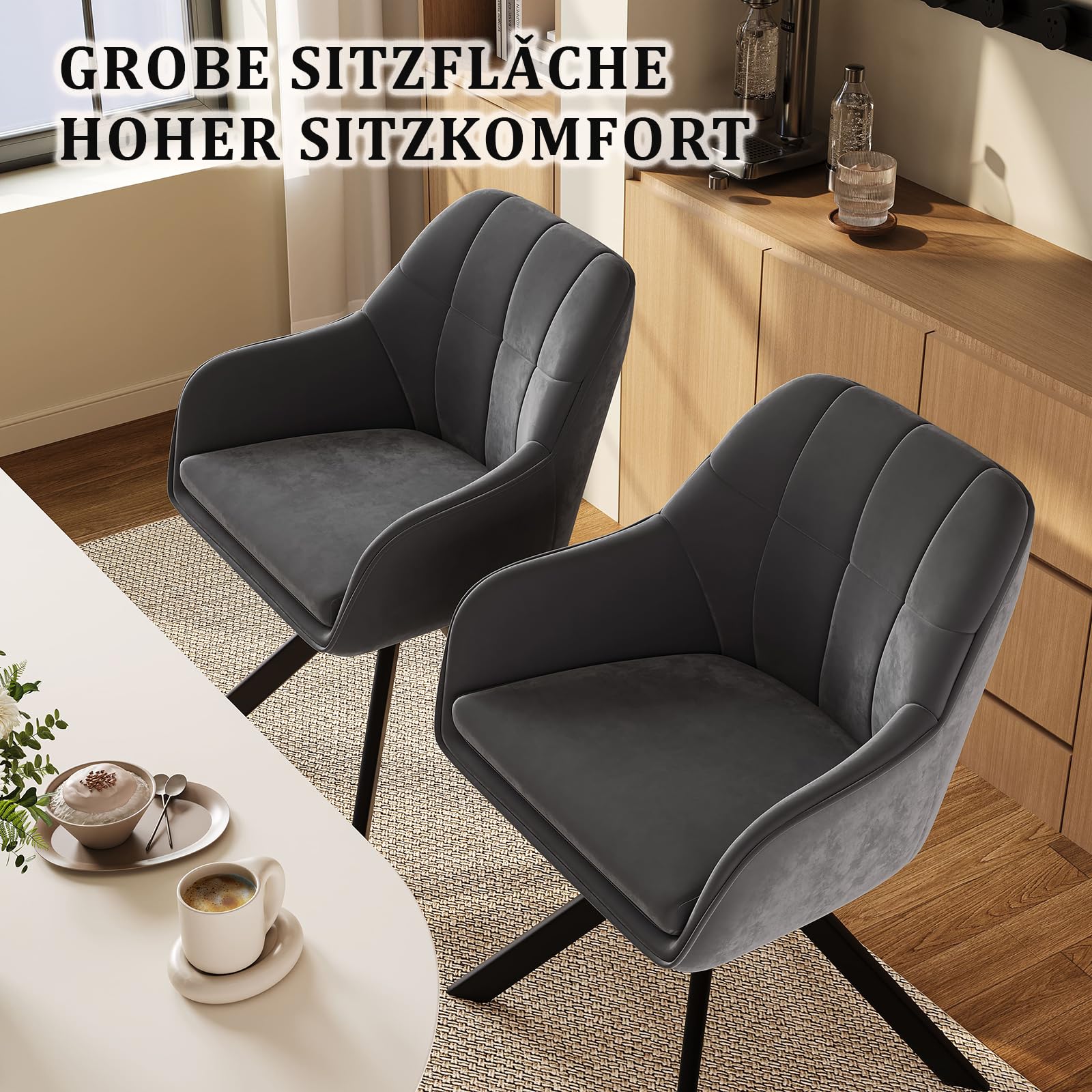 Esszimmerstühle drehbar 2er Set Grau Armlehnenstuhl Polsterstuhl drehstuhl Esszimmer drehstühle aus Samt Küchenstuhl mit Metallbeine für Wohnzimmer Esszimmer