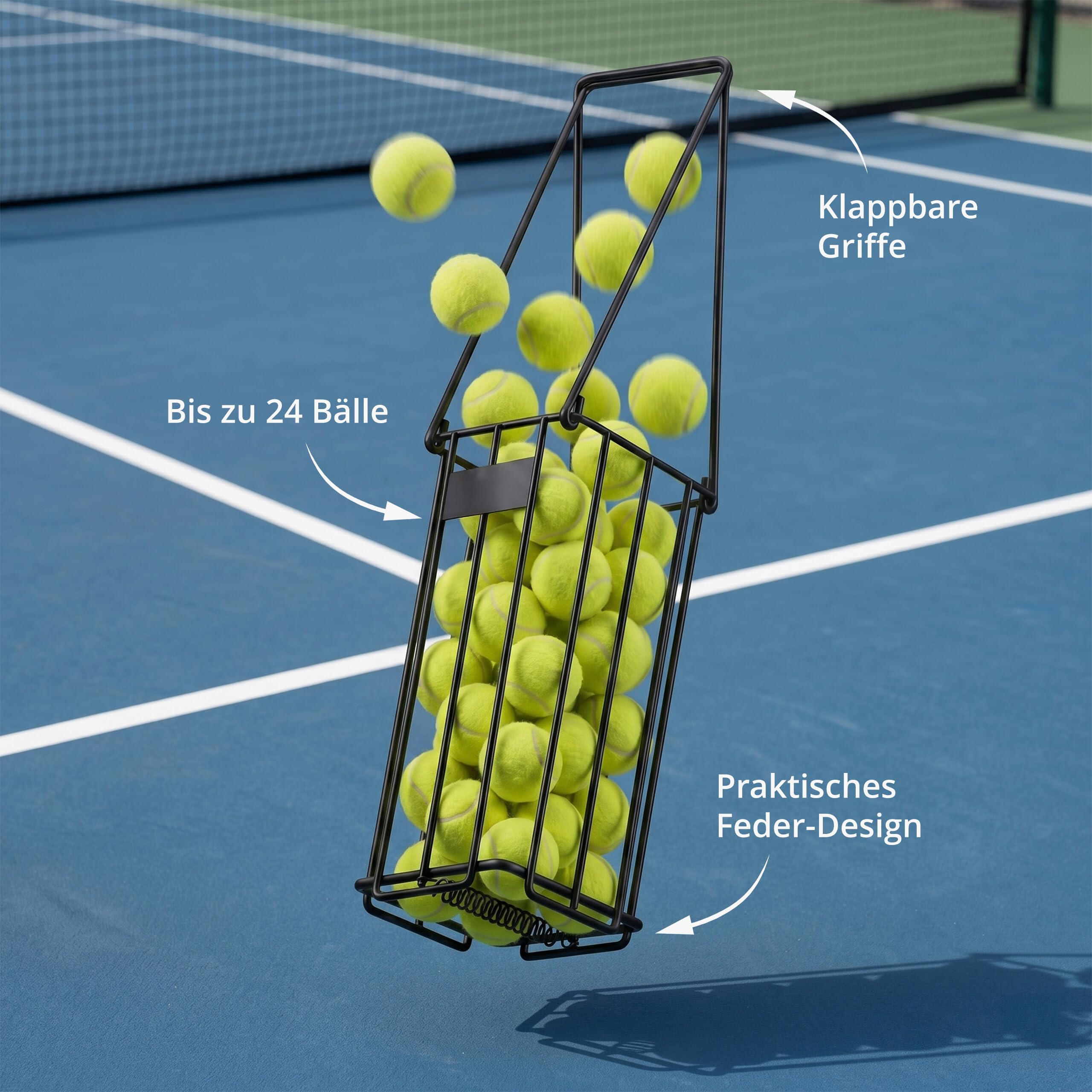 Relaxdays Tennis Korb, klappbare Griffe, Metall, HxBxT: 40,5 x 14 x 14 cm, Tennisballkorb, Tennisball Sammler, schwarz