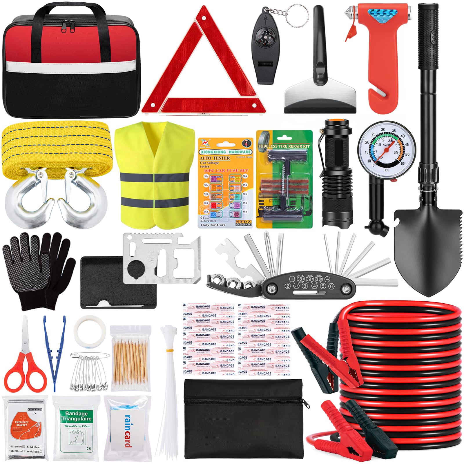 Car Roadside Emergency Kit - Car Emergency Kit with Jumper Cables, Tow Rope, Folding Shovel, Safety Hammer, Reflective Warning Triangle, Car Safety Kits for Men, Women, Teenagers