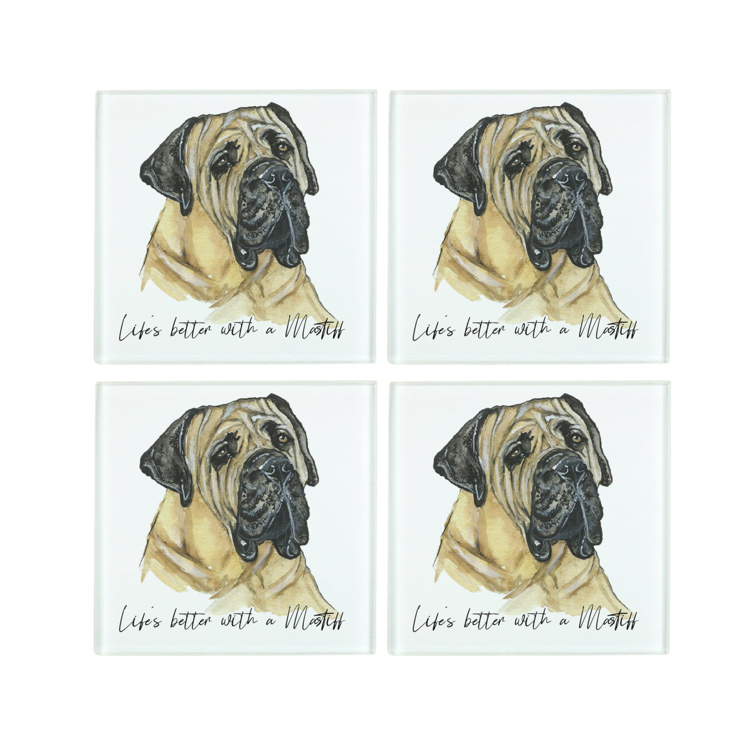 Purely Home Mastiff Coaster Set - Life's Better With A Dog Gift - Square Glass Set Of Four (4) Coasters