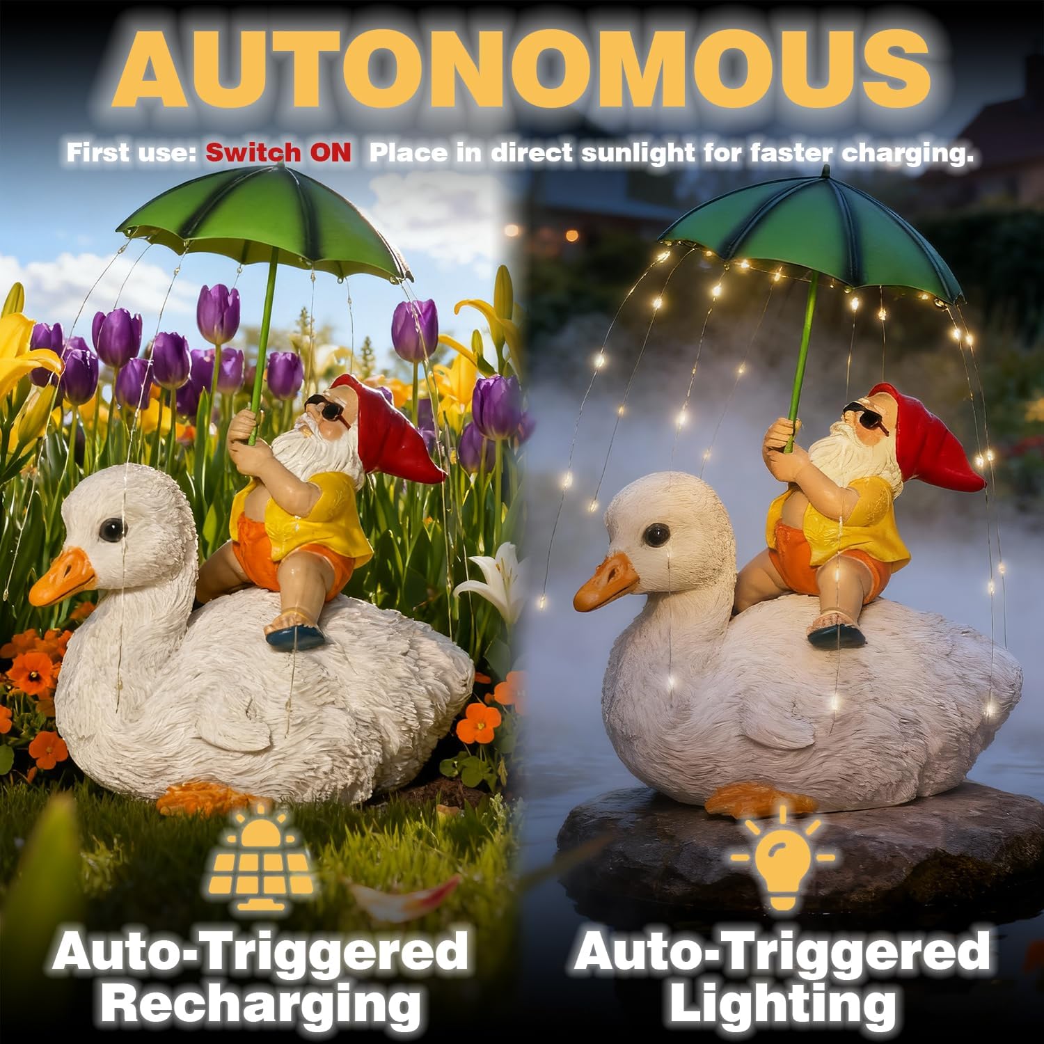 Solar Funny Garden Gnome Duck Figurine LED Lights Decorations for Yard Sculpture Outdoor Statue