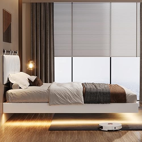 Miniatura 6 de Hasuit Queen Floating Bed Frame with Led Light, Modern Inspired Queen Size Platform Bed, No Box Spring Needed, Noise Free, Easy Assembly, White