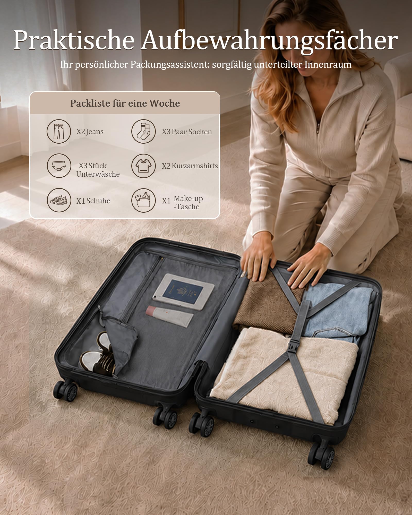 KONO Gepäckset 2-teilig Handgepäck Koffer Trolley 55cm + Kosmetikkoffer aus Polypropylen Hartschale, Koffer mit 4 Rollen und TSA Schloss (Schwarz)
