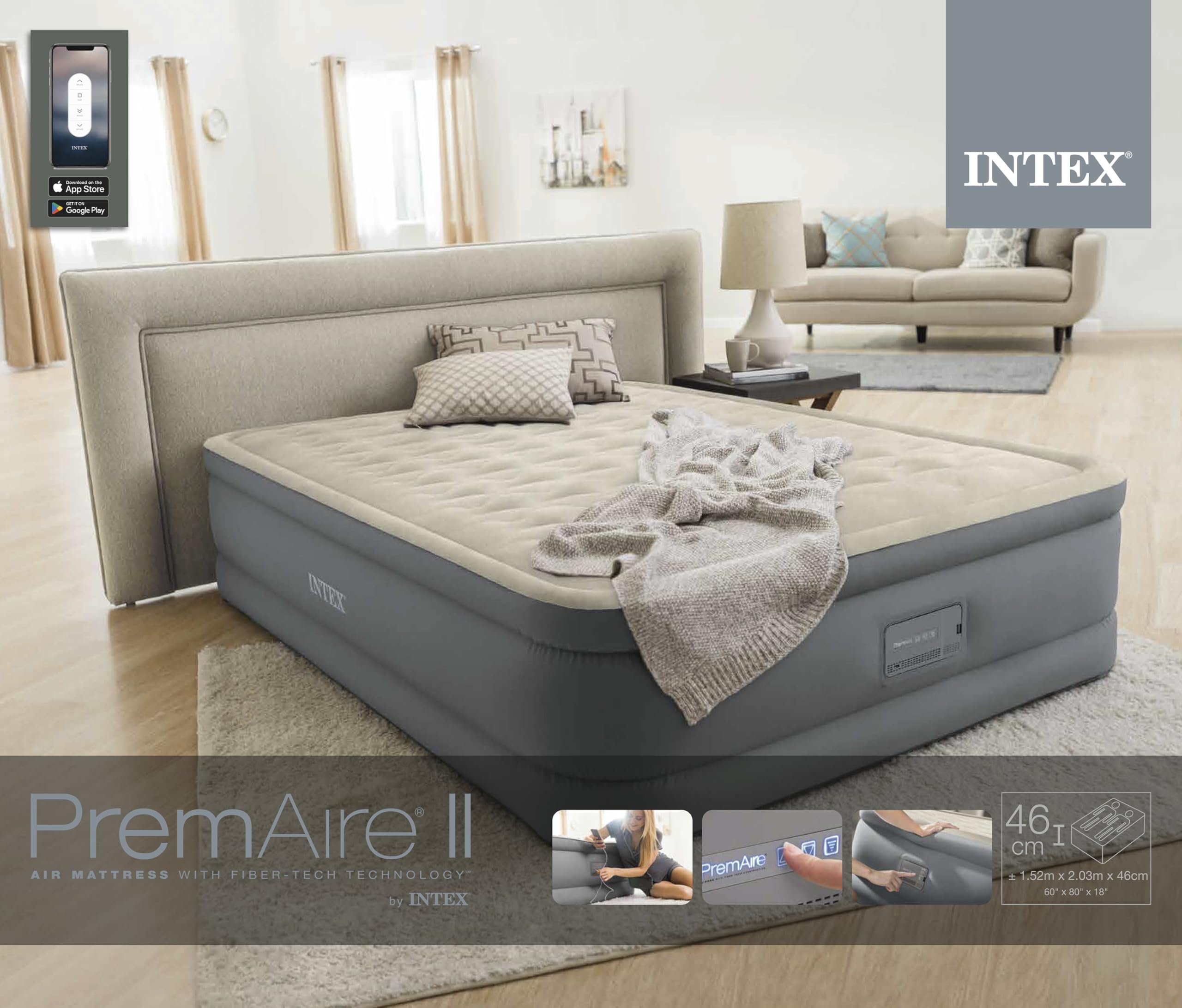 Intex 64926ND - Materasso Dura-Beam Elevated PremAire Matrimoniale con Pompa Elettrica e USB, 152x203x46 cm