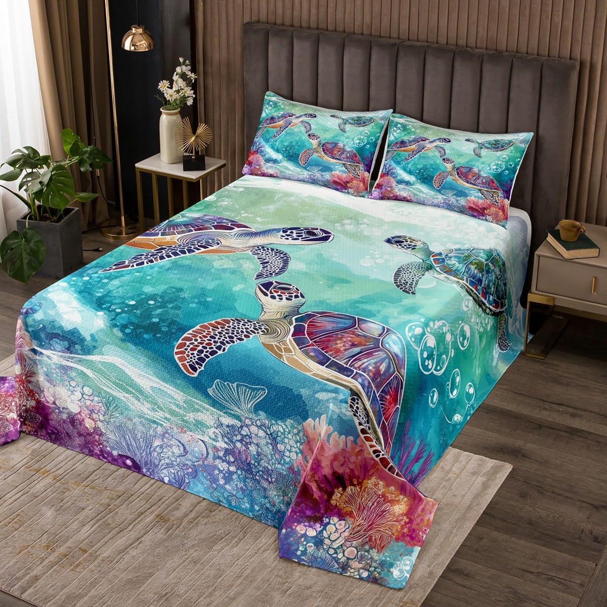 Set copriletto con tartaruga marina, stampa 3D con rettili e animali, per letto matrimoniale, per bambini, ragazzi, ragazze, creature marine, decorazione per la casa, trapuntato, tema mare