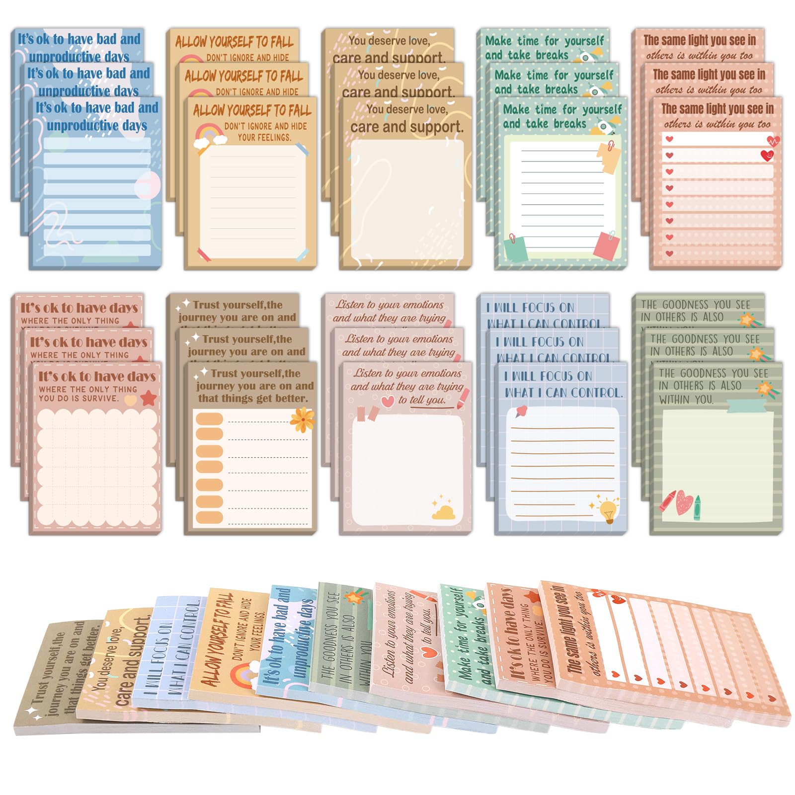 JarThenaAMCS 30 Pack Mental Health Sticky Notes Bulk Positive Psychology Self Adhesive Affirmation Notepads Inspirational Colorful Memo Pads for