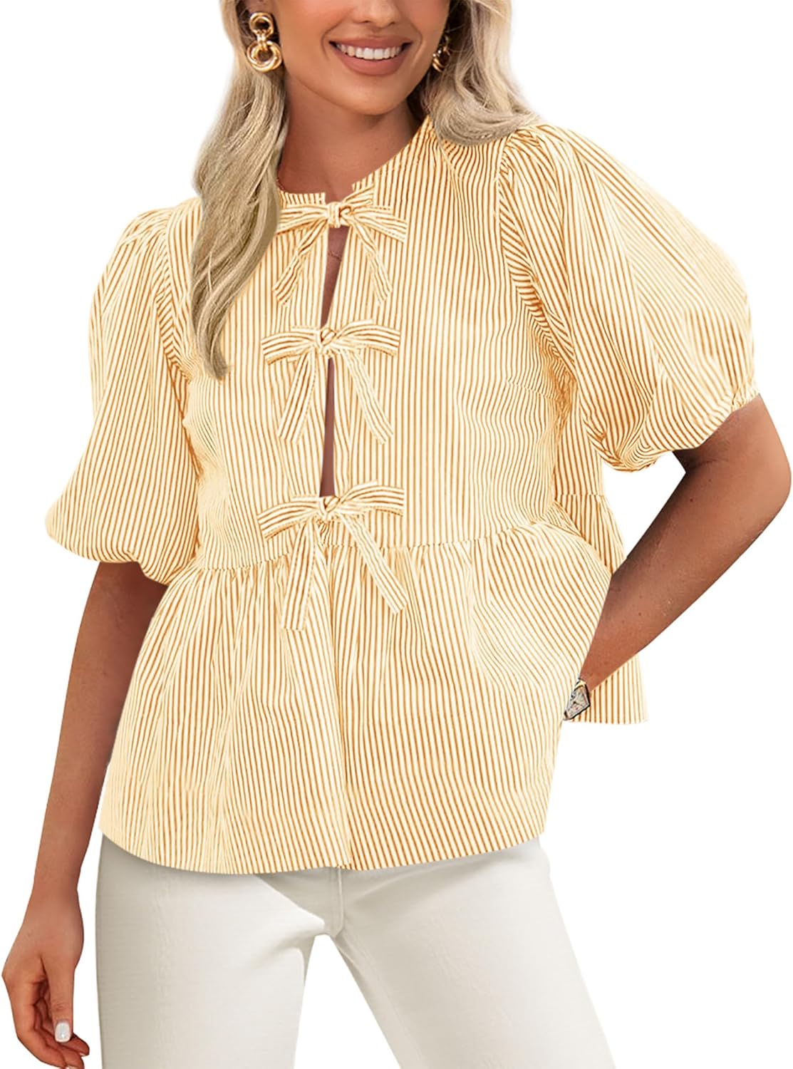 PRETTYGARDEN Women's Tie Front Striped Shirt 2025 Summer Trendy Fashion Cute Babydoll Tops Peplum Puffy Sleeve Blouse