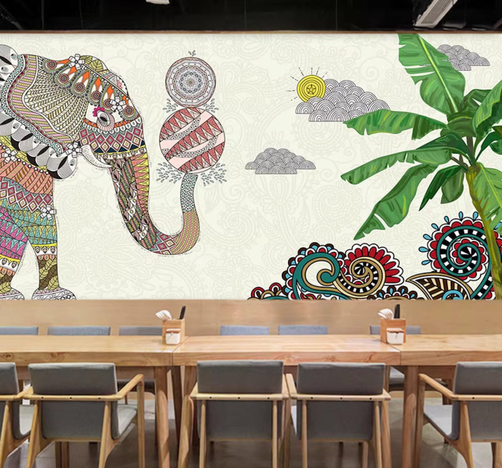 Wallpaper-3D-Xlm 400Cm×280Cm(B×H) Green Coconut Tree Hand Drawn Colourful Elephant 3D Wallpaper Easy Install Feature Office Living Room Sofa Bedroom Tv Background Wall Decoration-400Cm×280Cm