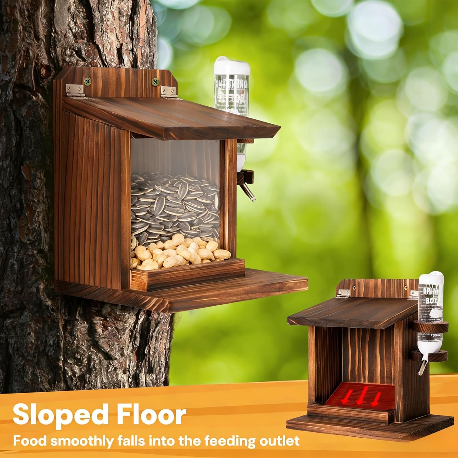 Wooden Squirrel Feeder House with Water Bottle, Outdoor Squirrel Corn Cob Feeder for Garden Tree or Backyard, Wall Mount Chipmunk Feed Station for Nuts and Corn