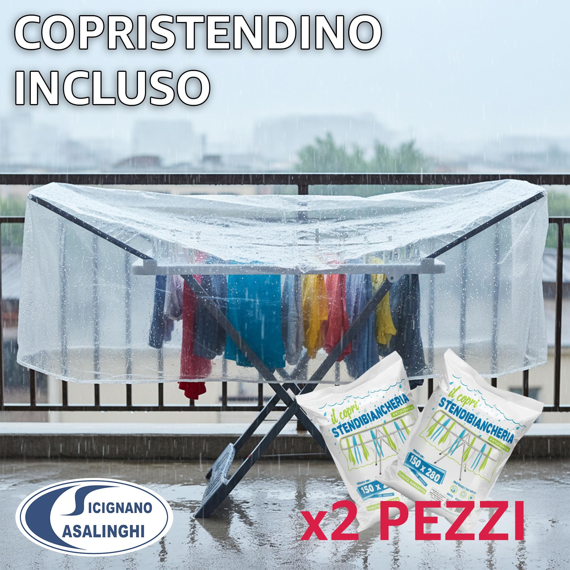 Sicignano Stendino Pieghevole Antiscivolo con Ruote Aladino, 20 metri di Stenditura, 100% Resina, con Gancio Sicurezza, Made in Italy (Stendino + 2 Copristendino)