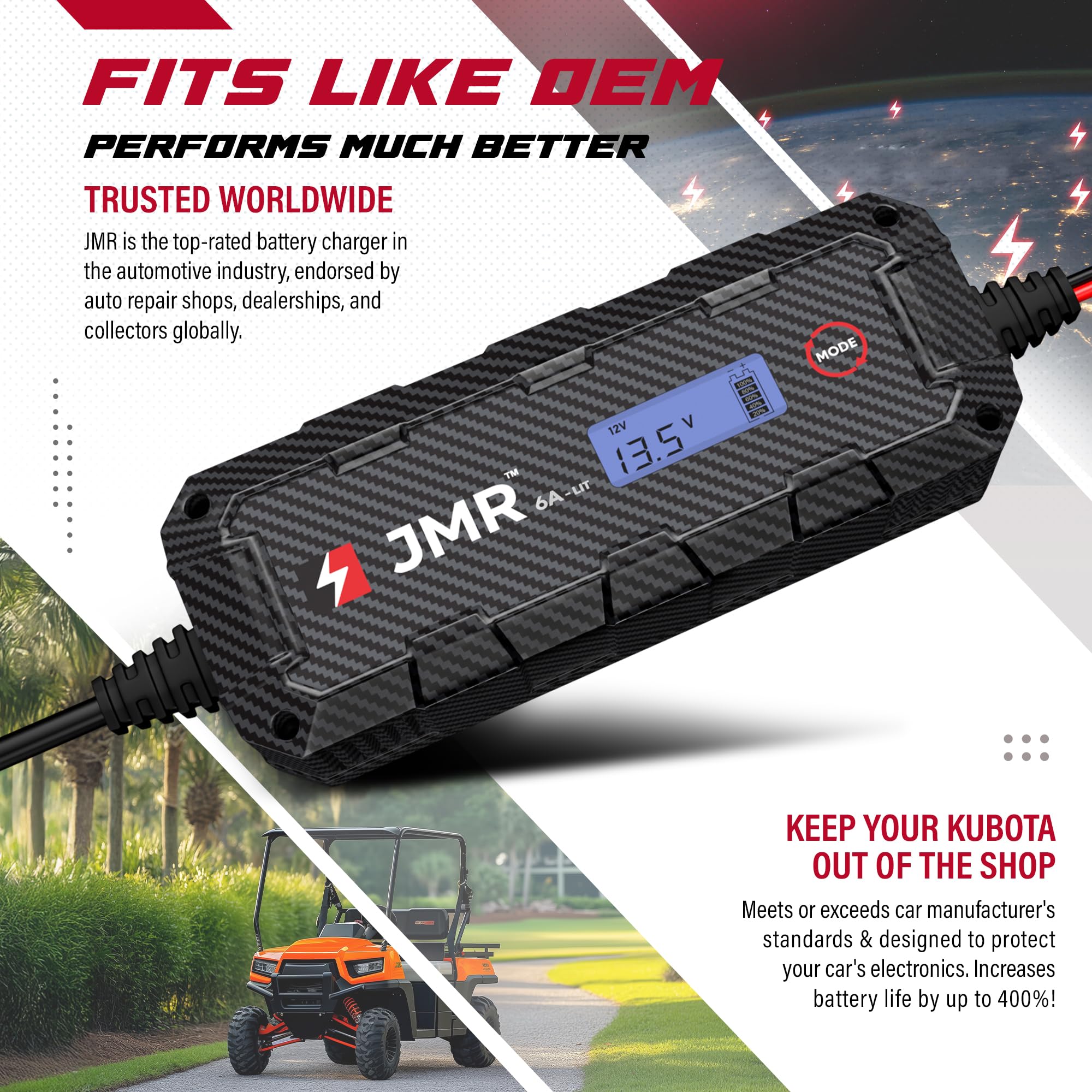 JMR Battery Charger for Kubota RTV Sidekick B BX K KX L LX M MX U SCL SVL SSV R All Models Trickle Charger Conditioner Maintainer (Add Lithium Mode)
