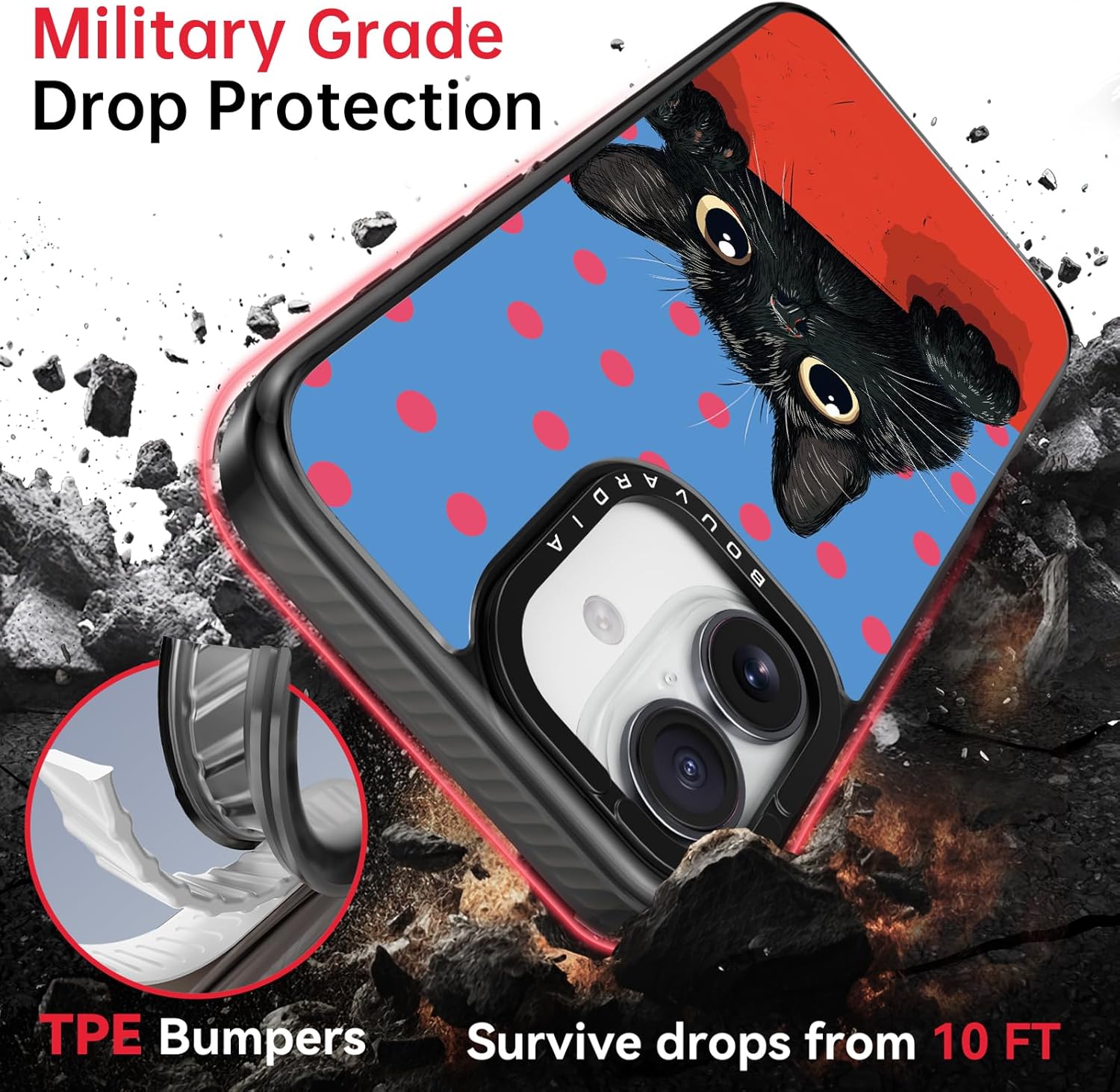 Bouvardia for iPhone 16 Case, Cute Design for Women & Girls, Protective & Aesthetic, Gray Bumper - Cat & Polka Dots - Image 2