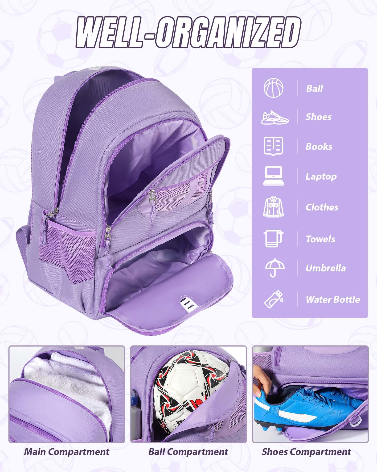 TRAILKICKER Mochila de baloncesto de 30 L, bolsa de fútbol morada con soporte para pelota, compartimento para zapatos, resistente al agua, transpirable, mochila multideportiva para voleibol, fútbol