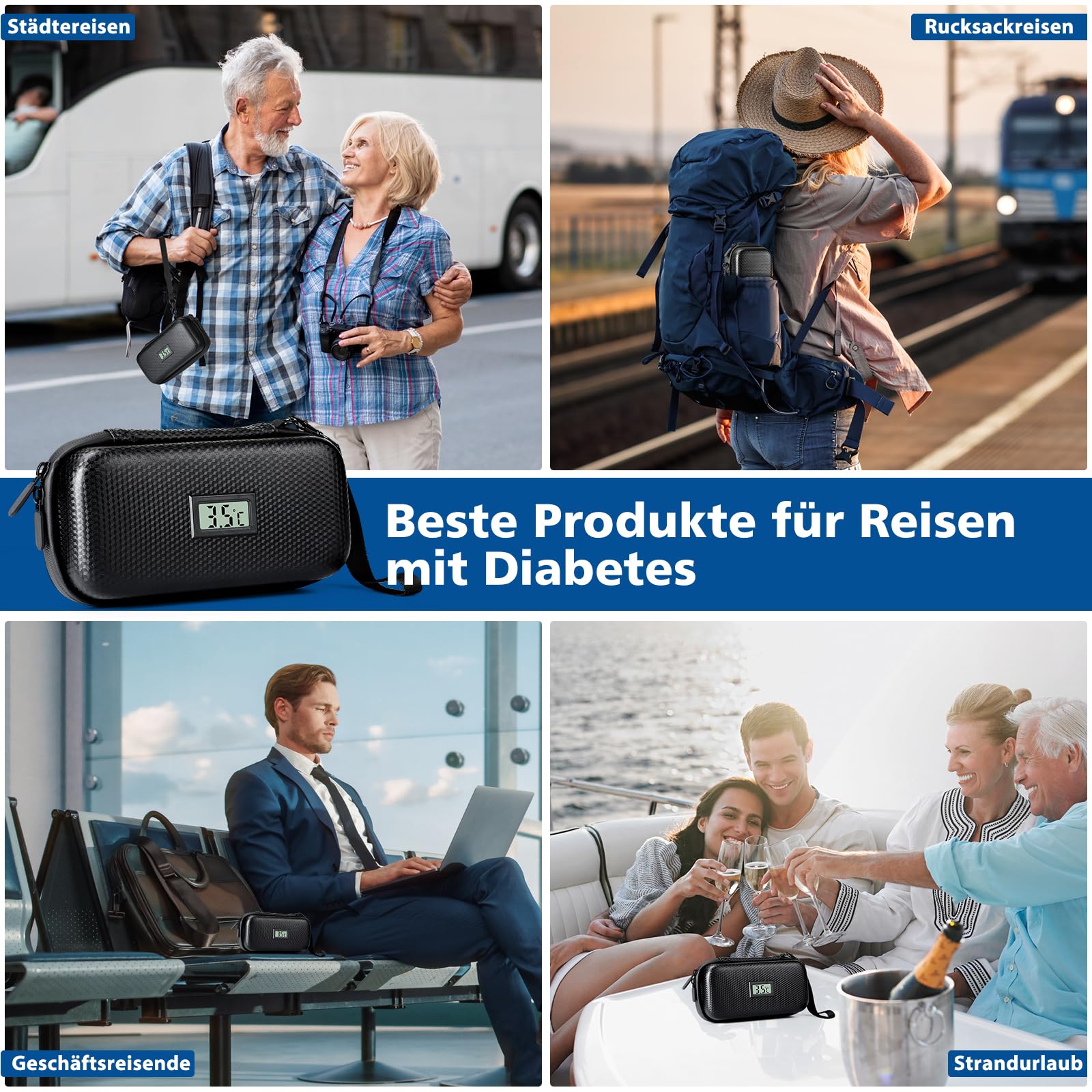 Insulin kühltasche, Diabetiker Tasche für Diabetikerzubehör mit Digitaler Temperaturanzeige, Insulin Pen Tasche mit 2 TSA Kühlakkus, Medikamententasche Kühlbox für Reisen & Tägliches Leben