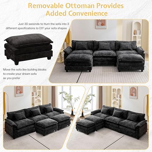 Miniatura 3 de Sofá seccional, sofá modular de nube con otomana, sofás de asiento profundo con almohadas, cómodo sofá biplaza de felpilla para sala de estar,