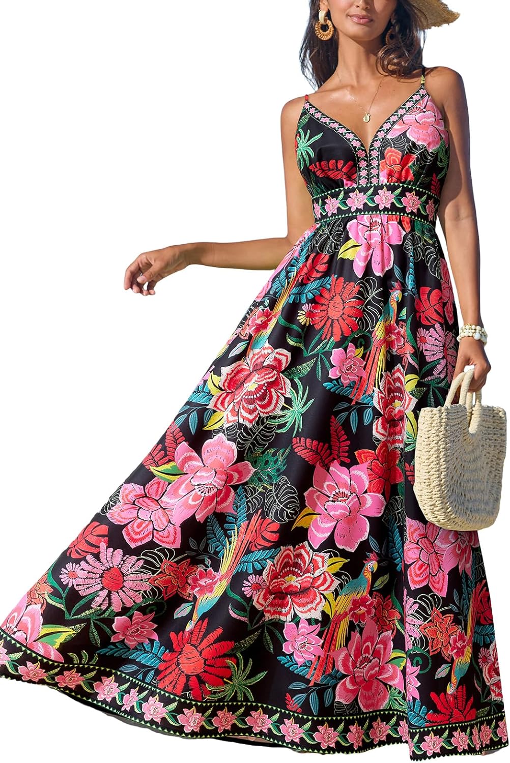 CUPSHE Women's Summer Dresses Casual Spring V Neck Sleeveless Floral Beach Vacation Long Spaghetti Strap Flowy Maxi Dress