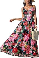 CUPSHE Women's Floral V-Neck Sleeveless Maxi Dress - Flowy Summer Beach Vacation Spaghetti Strap Dress