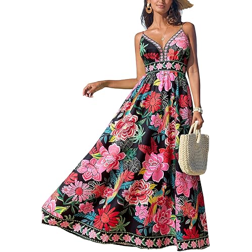 CUPSHE Women's Summer Dresses Casual Spring V Neck Sleeveless Floral Beach Vacation Long Spaghetti Strap Flowy Maxi Dress