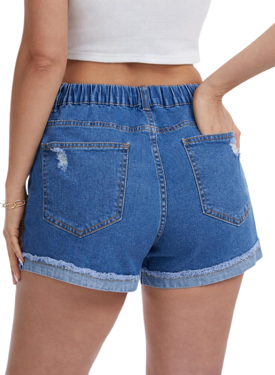 YOCUR Women Denim Shorts Stretchy Vintage Ripped Distressed Hot Pants Mid Rise Cut Off Folded Hem Summer Casual Shorts
