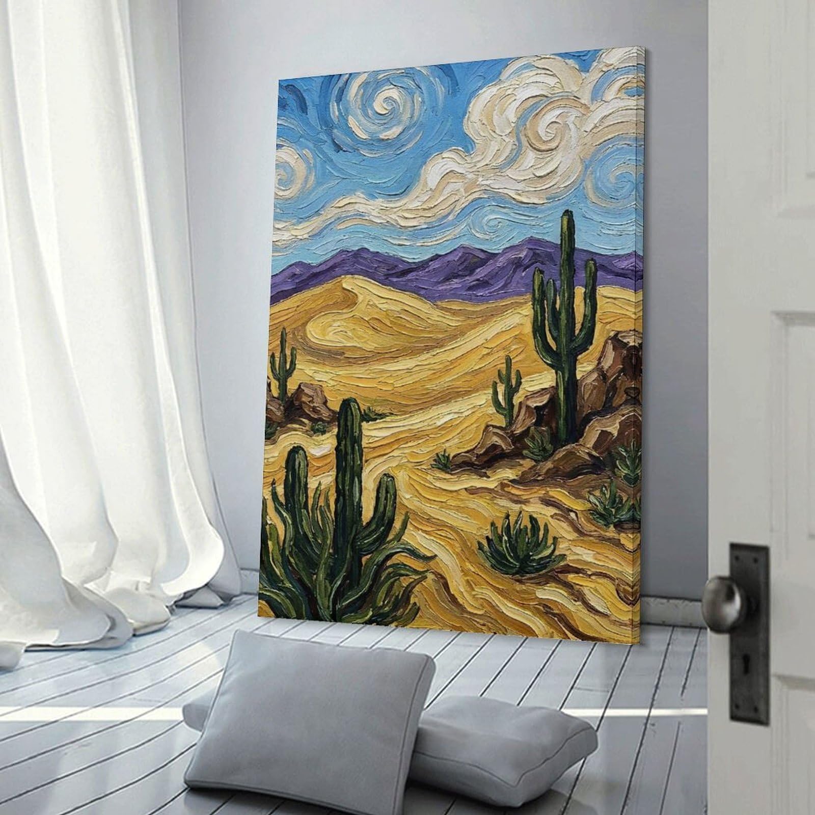 Junmoney Desert Landscape Painting with Cacti Canvas Wall Decor, 24x36inch(60x90cm), for Bedroom, Guest Room Or Reading Nook, Canvas Wall Decor for Personal Spaces