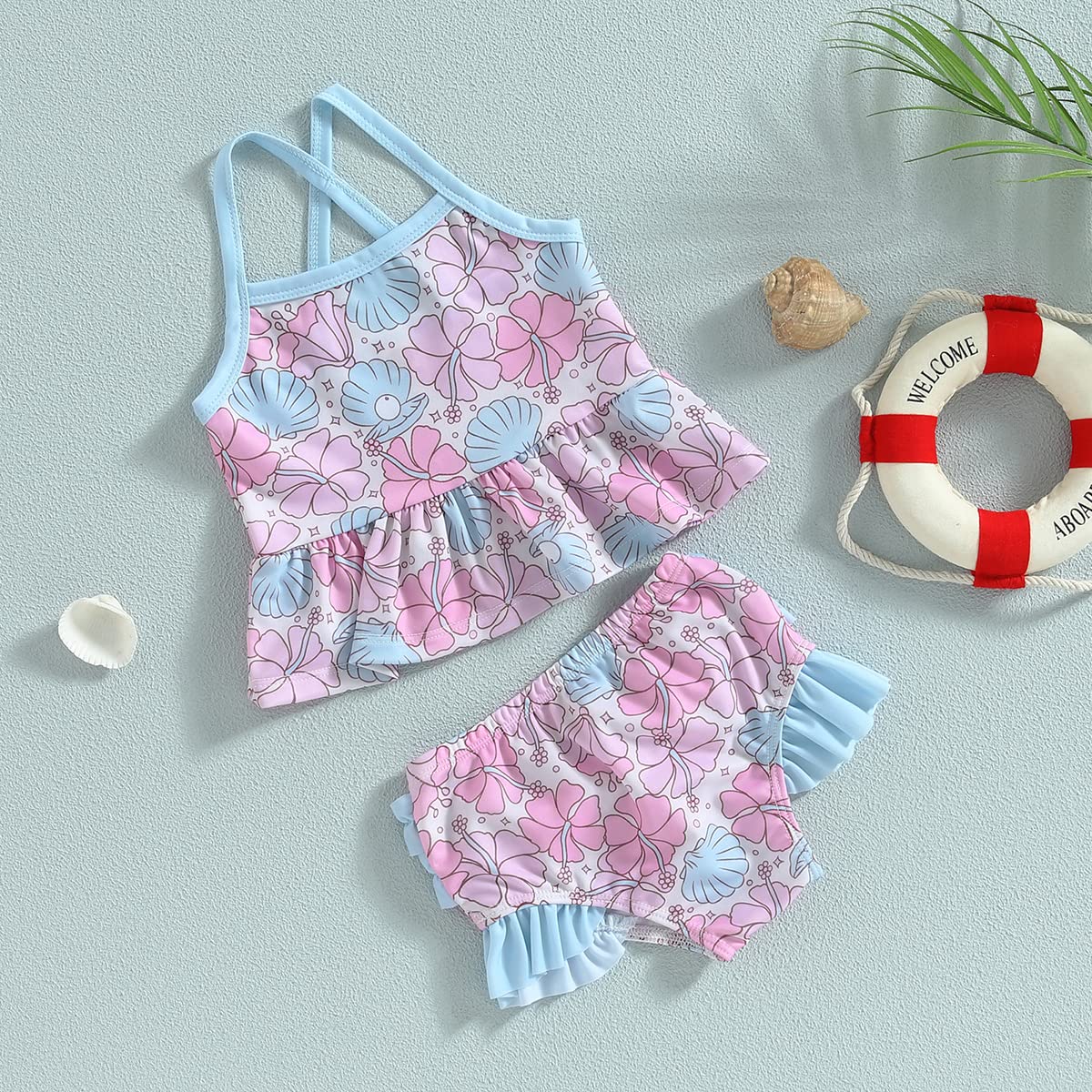 Yccutest Infant Swimsuit Baby Girl Bathing Suit 2Pcs Bikini Set Toddler Girl Swimwear Swim Tank Top Ruffle Bottom Tankini Set (Shells,6-12 Months)