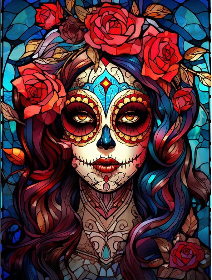 Sugar Skull Girl Diamond Painting DIY 5D,Numbering Kit,Day of Death Artwork Red Rose Wall Art Healthy Breakfast Crystal Rhinestone Embroidery Pictures Home Decor Adults Mexico Gift(12''Wx 16''H)