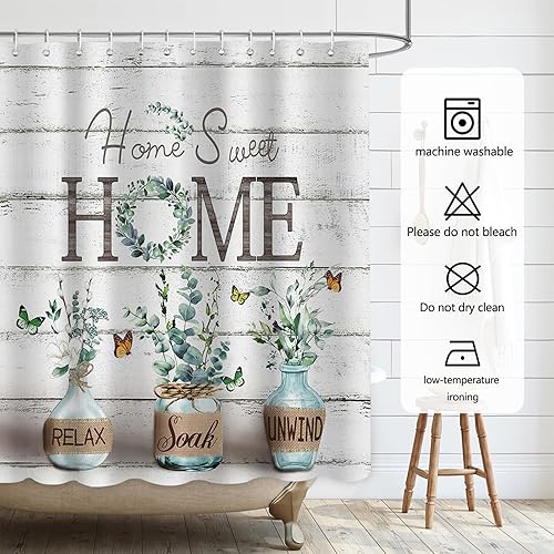 Miniatura 8 de Cortina de ducha de granja, decoración rústica de eucalipto verde con tela impermeable, estilo campestre, cortinas de ducha de mariposa para baño