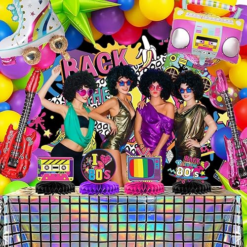 Miniatura 7 de Decoraciones de fiesta de cumpleaños de los años 80 que incluyen telón de fondo, pancarta, remolinos colgantes, centros de mesa de panal para